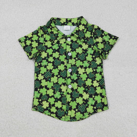BT1455 St. Patrick's Day Plaid Four-Leaf Clover Black Button Polo Short Sleeve Boys Top 202512 RTS
