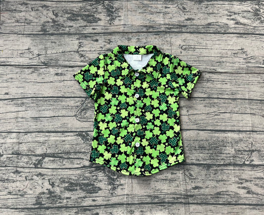 NO MOQ preorder BT1455 St. Patrick's Day Plaid Four-Leaf Clover Black Button Polo Short Sleeve Boys Top 202511