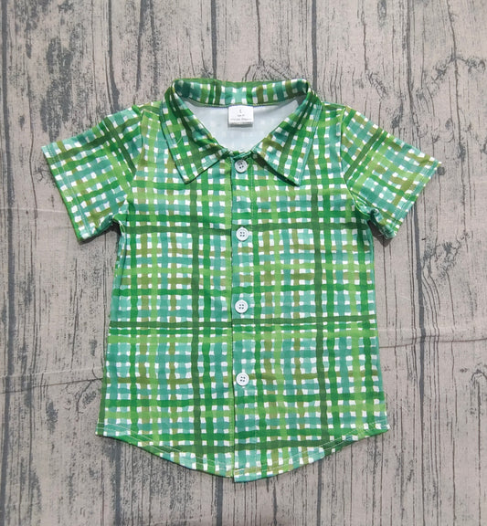 NO MOQ preorder BT1456 St. Patrick's Day Green Plaid Button-Down Polo Short Sleeve Boys Top 202511