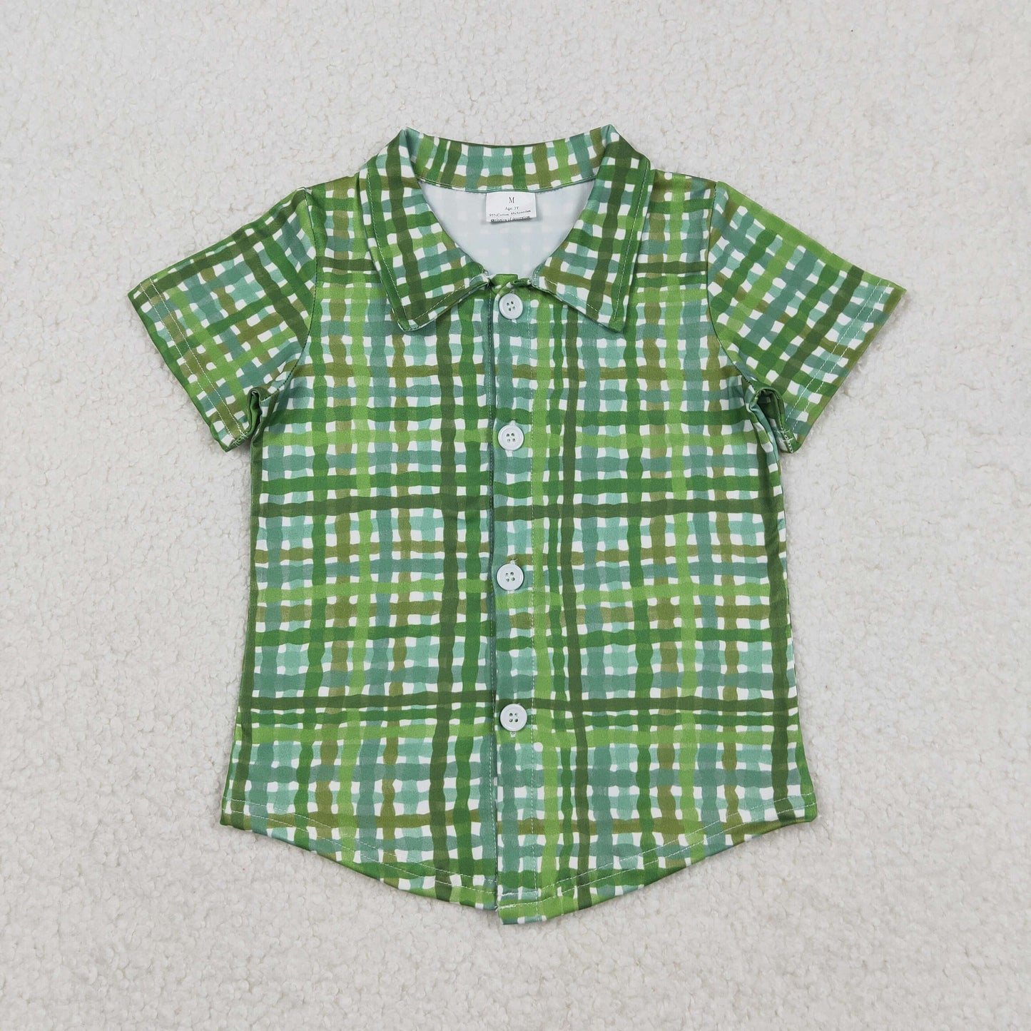 BT1456 St. Patrick's Day Green Plaid Button-Down Polo Short Sleeve Boys Top 202512 RTS