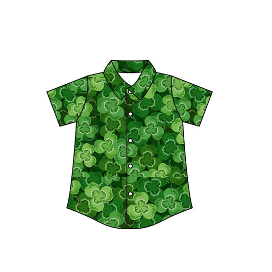 MOQ 5 preorder BT1457 St. Patrick's Day Clover Green Button Polo Short Sleeve Boys Top 202510