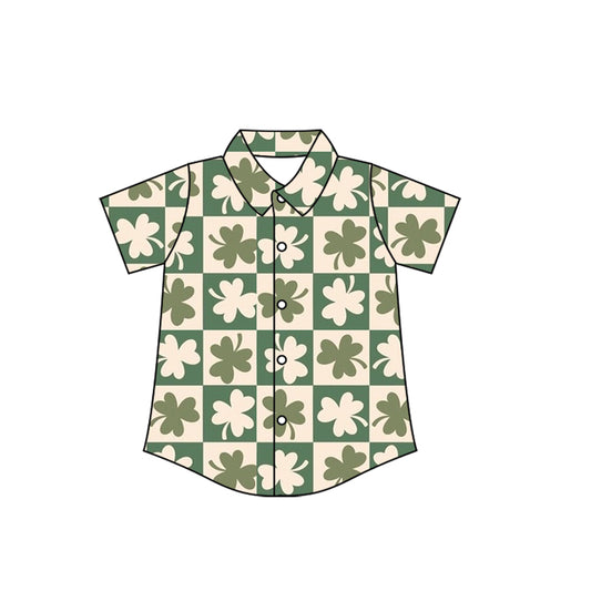 MOQ 5 preorder BT1459 St. Patrick's Day Clover Plaid Button Polo Short Sleeve Boys Top 202510
