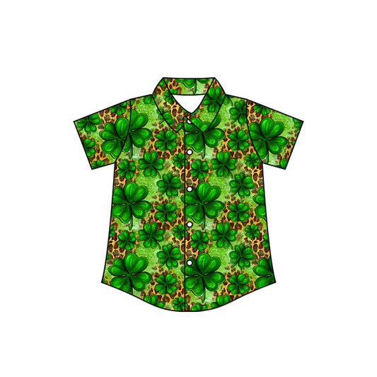 MOQ 5 preorder BT1460 St. Patrick's Day Clover Leopard Button Polo Short Sleeve Boys Top 202510