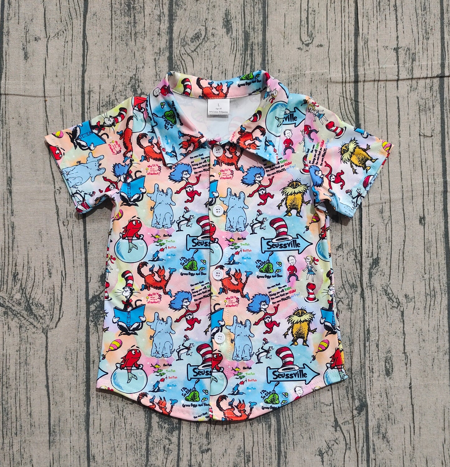 NO MOQ  preorder BT1461 Dr Seuss Elephant Fish Tank Colored Button Polo Short Sleeve Boys Top 202511