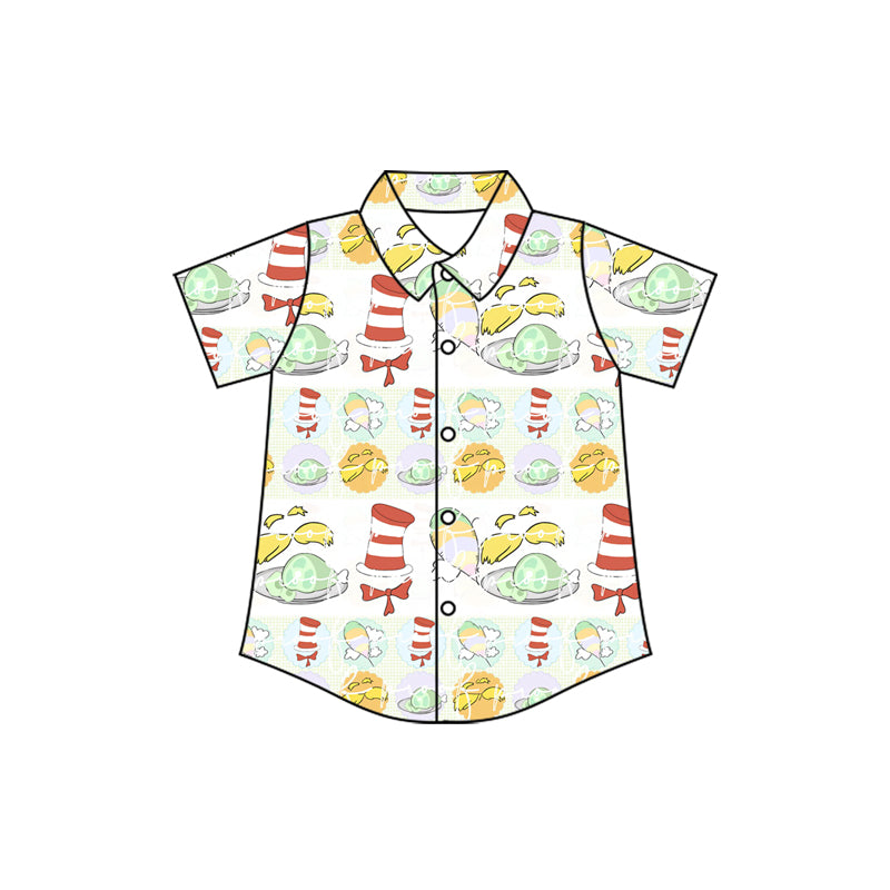 MOQ 5 preorder BT1465 Dr Seuss Hat Button Polo Short Sleeve Boys Top 202510