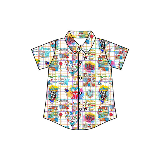 MOQ 5 preorder BT1466 Dr Seuss Colored Plaid Button Polo Short Sleeve Boys Top 202510