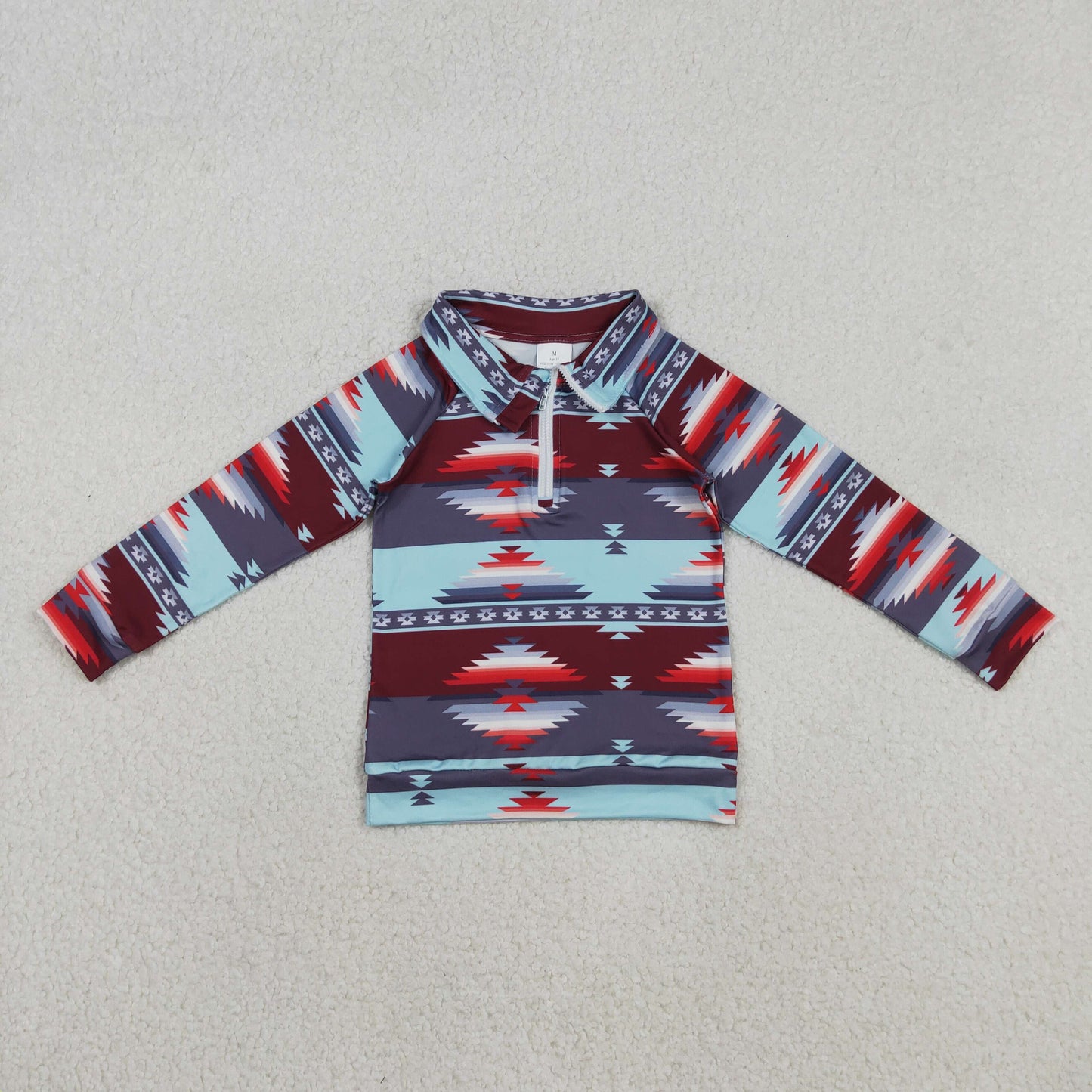 BT1467 Geometric Blue and Red Zip Collar Long Sleeve Boys Top 202511 RTS