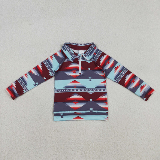 BT1467 Geometric Blue and Red Zip Collar Long Sleeve Boys Top 202511 RTS