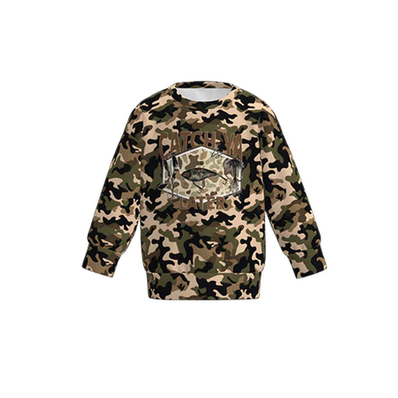 MOQ 5 preorder BT1474 Cat Fishing Brown Green Camouflage Long Sleeve Boys Top 202510
