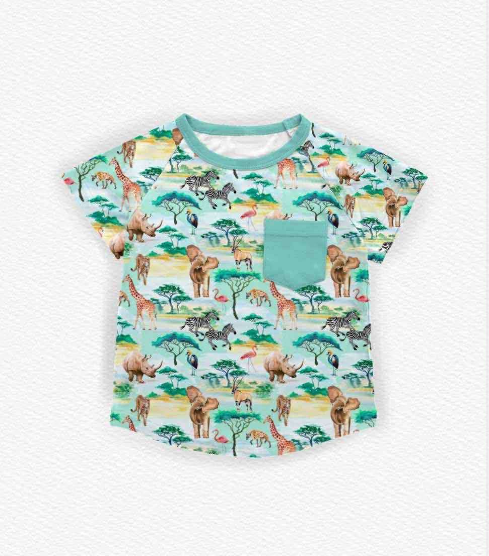 MOQ 5 preorder BT1479 Zebra and Giraffe Animal Green Pocket Short Sleeve Boys Top 202510