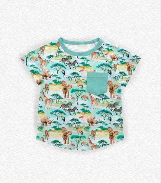 MOQ 5 preorder BT1479 Zebra and Giraffe Animal Green Pocket Short Sleeve Boys Top 202510