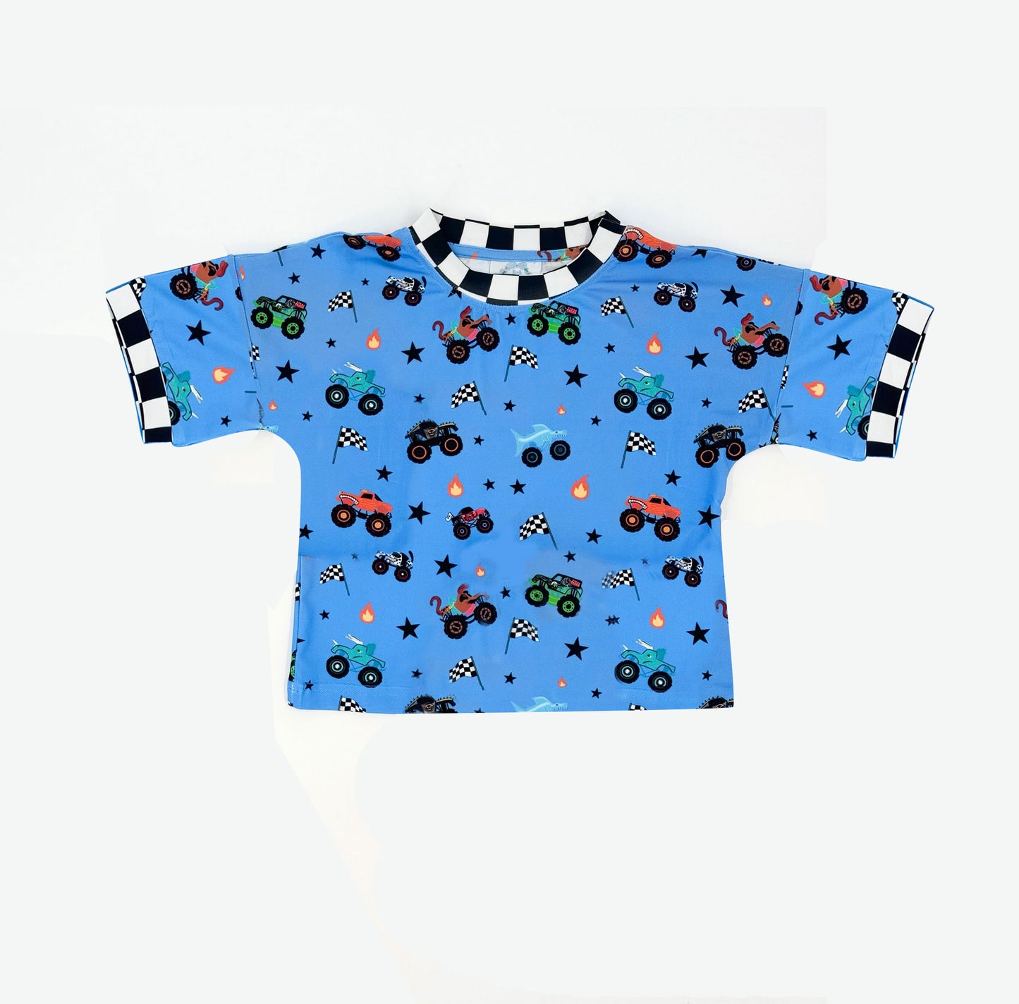 MOQ 5 preorder BT1496 Off-Road Vehicle Flag Star Flame Blue Short Sleeve Boys Top 202510