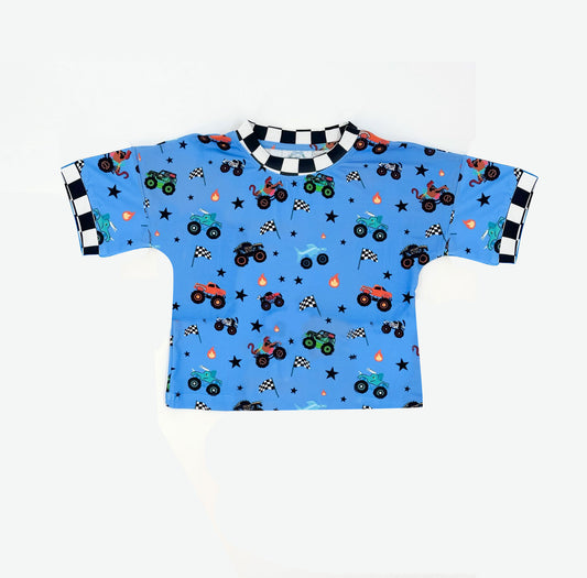 MOQ 5 preorder BT1496 Off-Road Vehicle Flag Star Flame Blue Short Sleeve Boys Top 202510