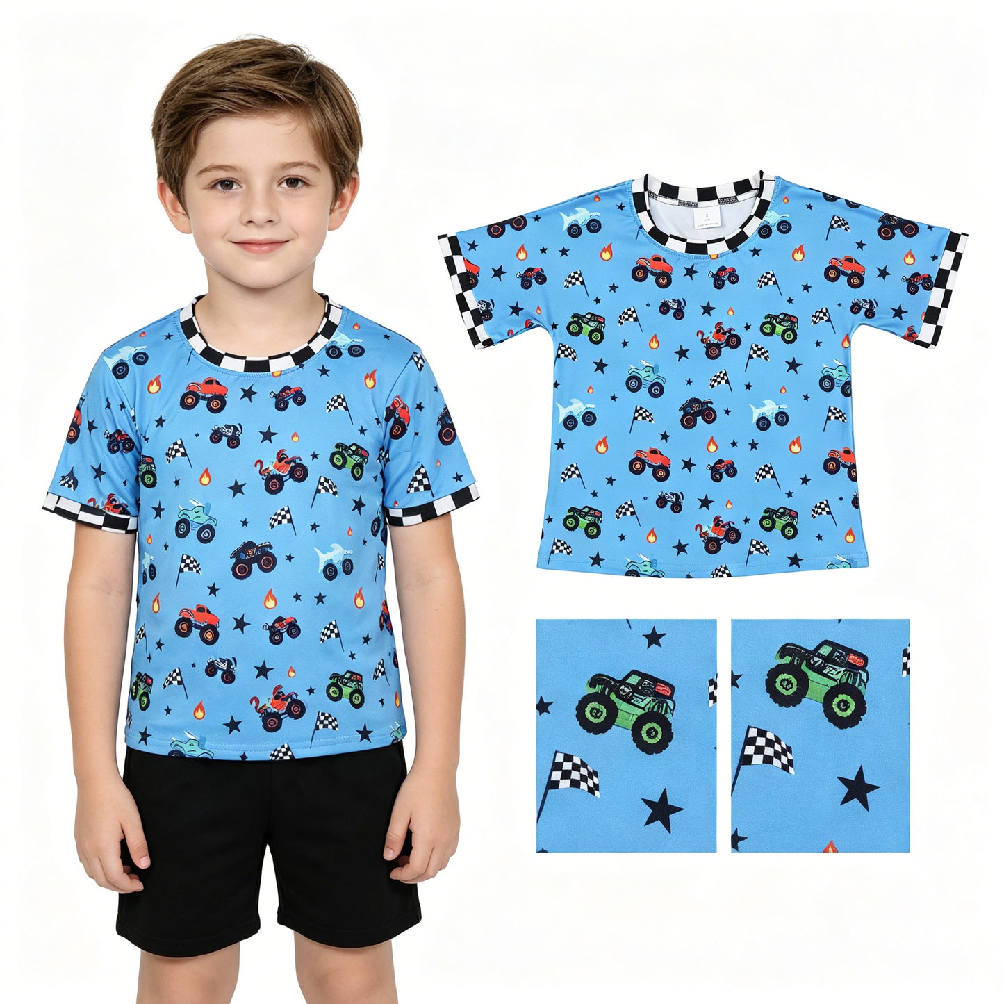 BT1496 Off-Road Vehicle Flag Star Flame Blue Short Sleeve Boys Top 202605 RTS