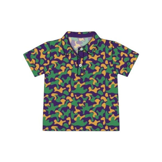 MOQ 5 preorder BT1498 Mardi Gras Camouflage Button Polo Short Sleeve Boys Top 202510