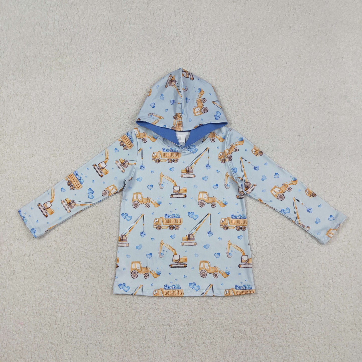 BT1509 Valentine's Day Love Construction Vehicle Blue Hooded Long Sleeve Boys Top 202512 RTS