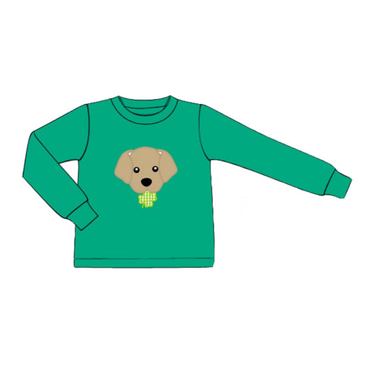 MOQ 5 PCS preorder BT1521 St. Patrick's Day Four-Leaf Clover Puppy Green Long Sleeve Boys Top 202511