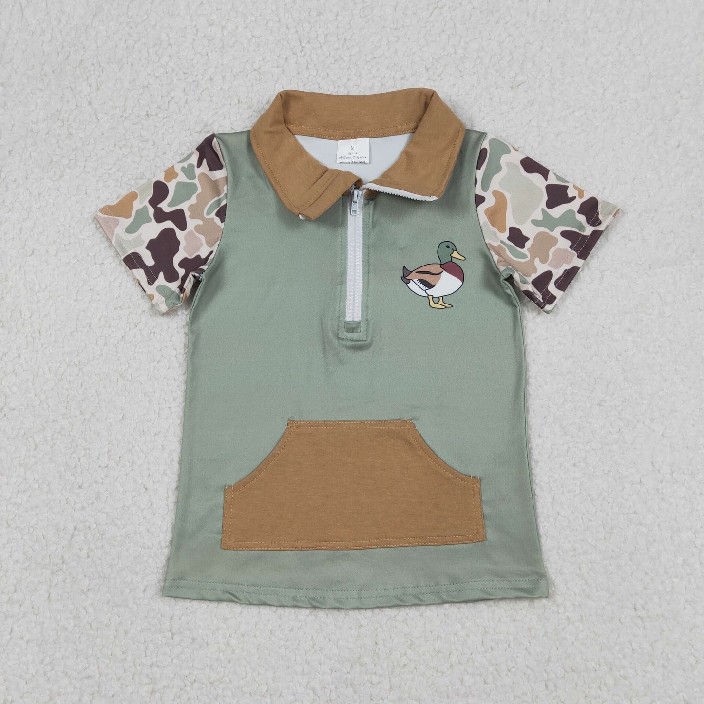 BT1530 Duck Gray Brown Green Camouflage Pocket Zip Collar Short Sleeve Boys Top 202512 RTS