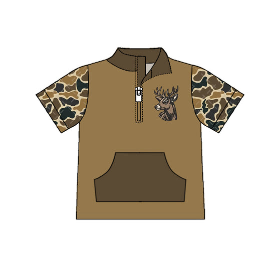 MOQ 5 PCS preorder BT1531 Deer Brown Green Camouflage Pocket Zip Collar Short Sleeve Boys Top 202511
