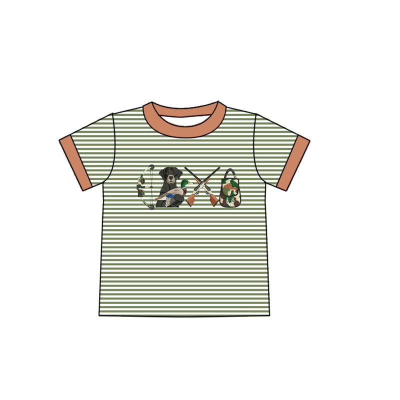 MOQ 5 PCS preorder BT1537 Puppy Duck Hunting Gray Green Stripe Brown Neck Short Sleeve Boys Top 202511