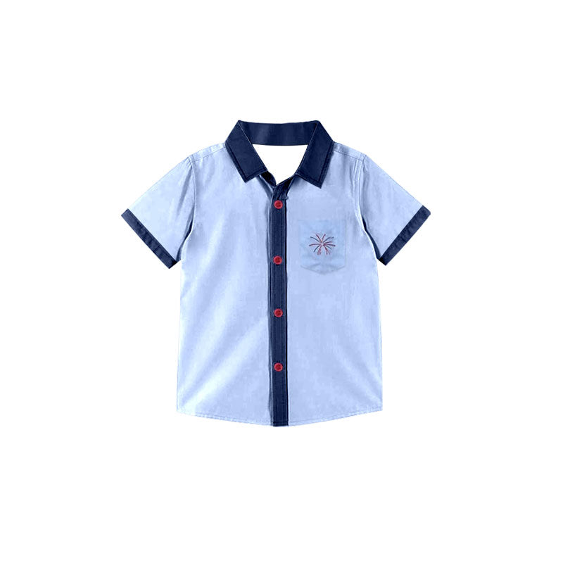 MOQ 5 PCS preorder BT1542 4th of July Firework Pocket Blue Button Short Sleeve Boys Top 202511