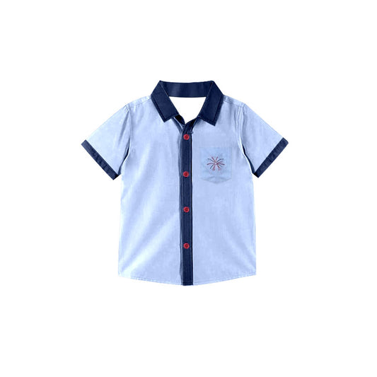 MOQ 5 PCS preorder BT1542 4th of July Firework Pocket Blue Button Short Sleeve Boys Top 202511