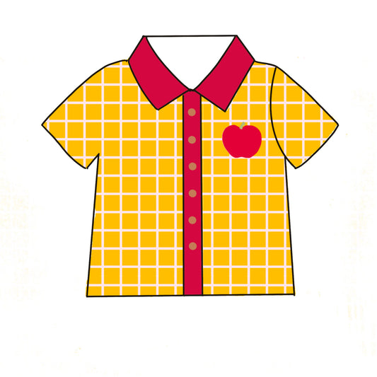 MOQ 5 PCS preorder BT1543 Back to School Apple Yellow Plaid Red Button Polo Short Sleeve Boys Top 202511