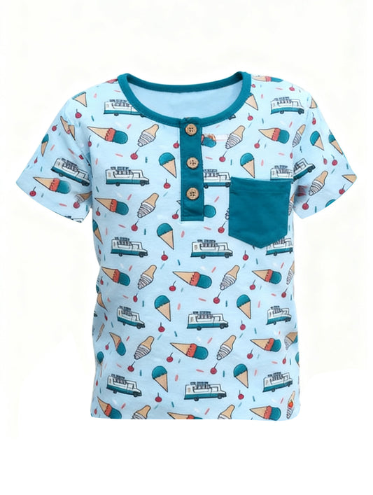 MOQ 5 PCS preorder BT1544 Ice Cream Cart Pocket Button Short Sleeve Boys Top 202511