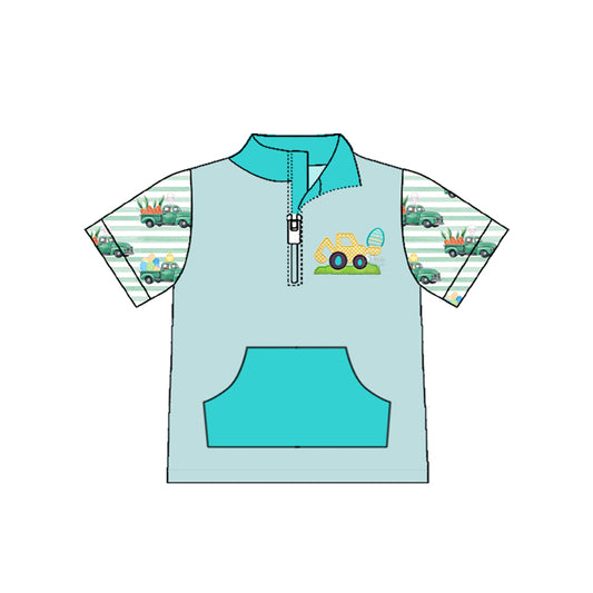 MOQ 5 PCS preorder BT1548 Easter Colored Eggs Trucks Blue Green Pocket Zip Collar Short Sleeve Boys Top 202511