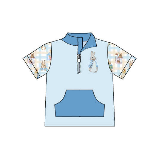 MOQ 5 PCS preorder BT1549 Easter Bunny Blue Pocket Zip Collar Short Sleeve Boys Top 202511
