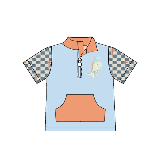 MOQ 5 PCS preorder BT1550 Easter Egg Dinosaur Cross Check Blue and Orange Pocket Zip Collar Short Sleeve Boys Top 202511