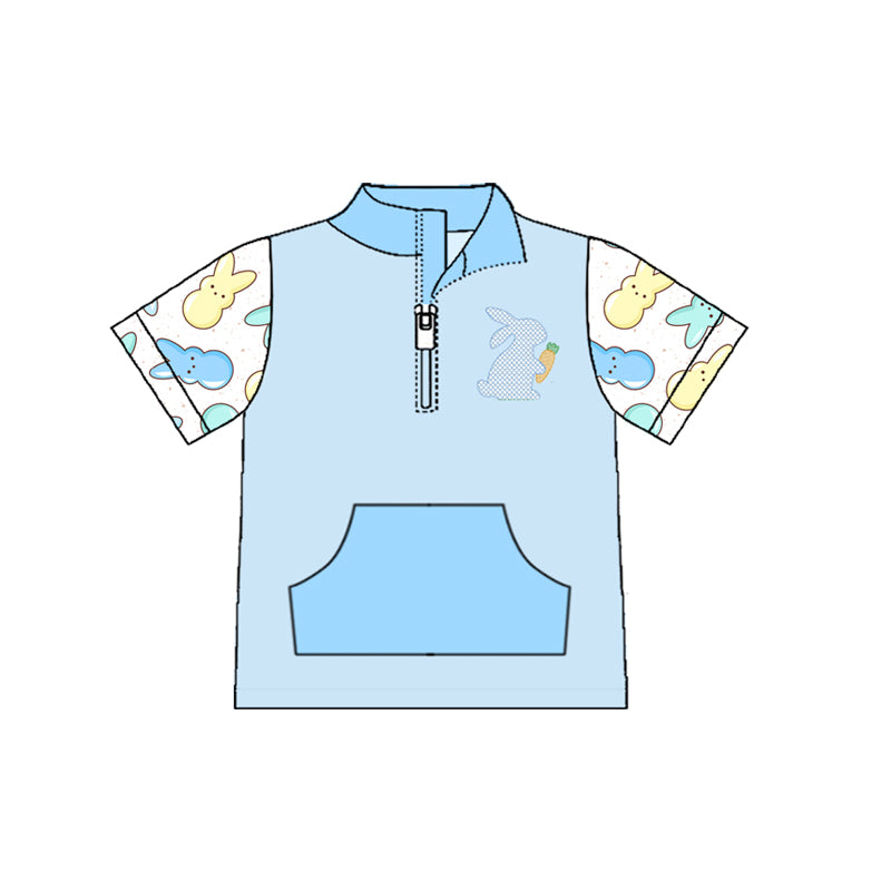MOQ 5 PCS preorder BT1551 Easter Bunny Carrots Blue Pocket Zip Collar Short Sleeve Boys Top 202511