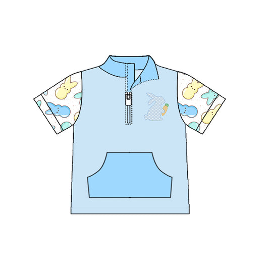 MOQ 5 PCS preorder BT1551 Easter Bunny Carrots Blue Pocket Zip Collar Short Sleeve Boys Top 202511