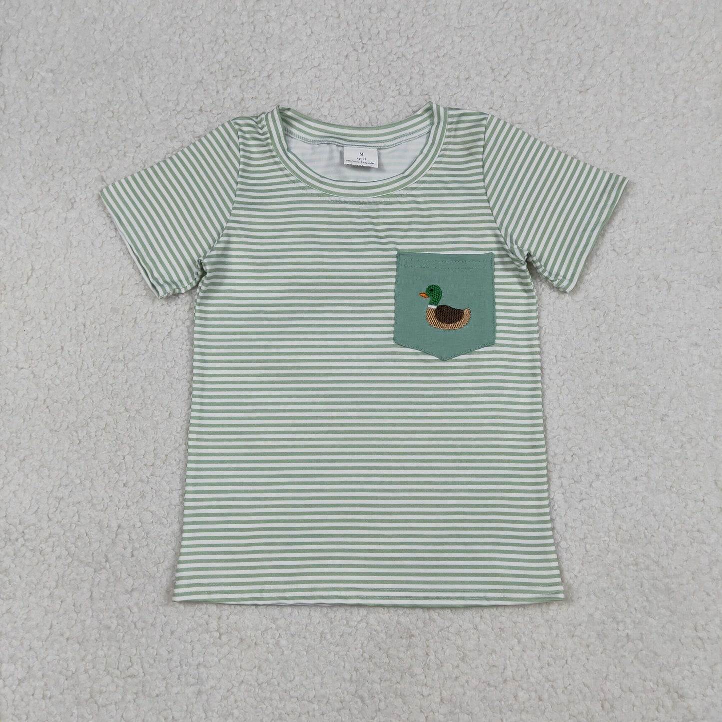 BT1557 Embroidered Duck Pocket  Green Stripe Short Sleeve Boys Top 202512 RTS