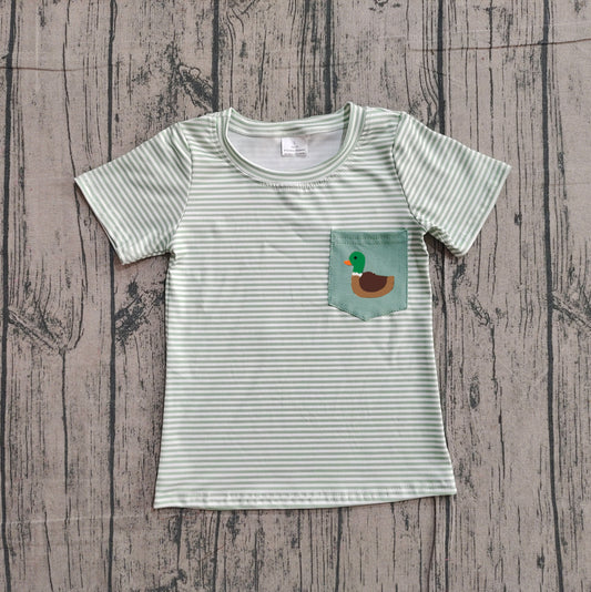 NO MOQ preorder BT1557 Embroidered Duck Pocket  Green Stripe Short Sleeve Boys Top 202511