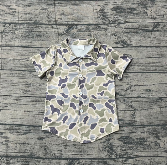 NO MOQ preorder BT1563 Puppy Pattern Gray Green Camouflage Buttons Short Sleeve Boys Top 202512
