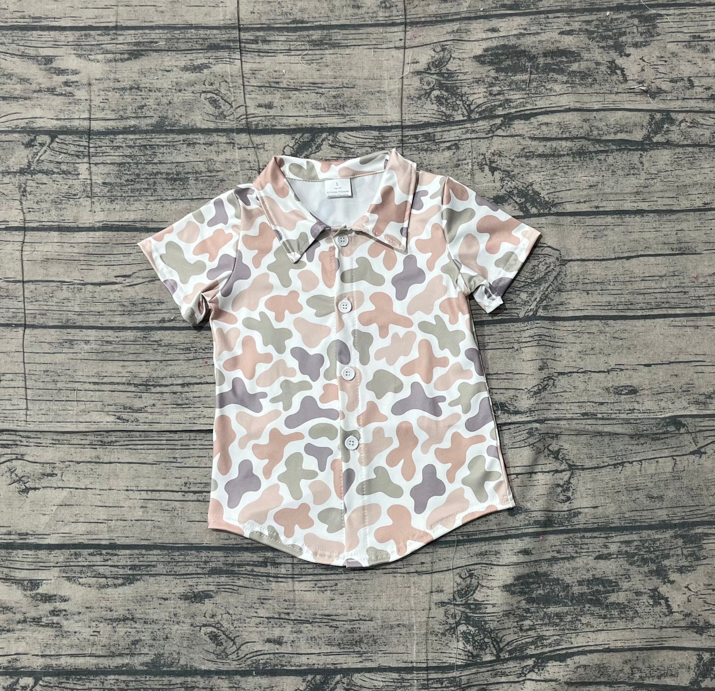 NO MOQ preorder BT1564 Beige Green Camouflage Buttons White Short Sleeve Boys Top 202512