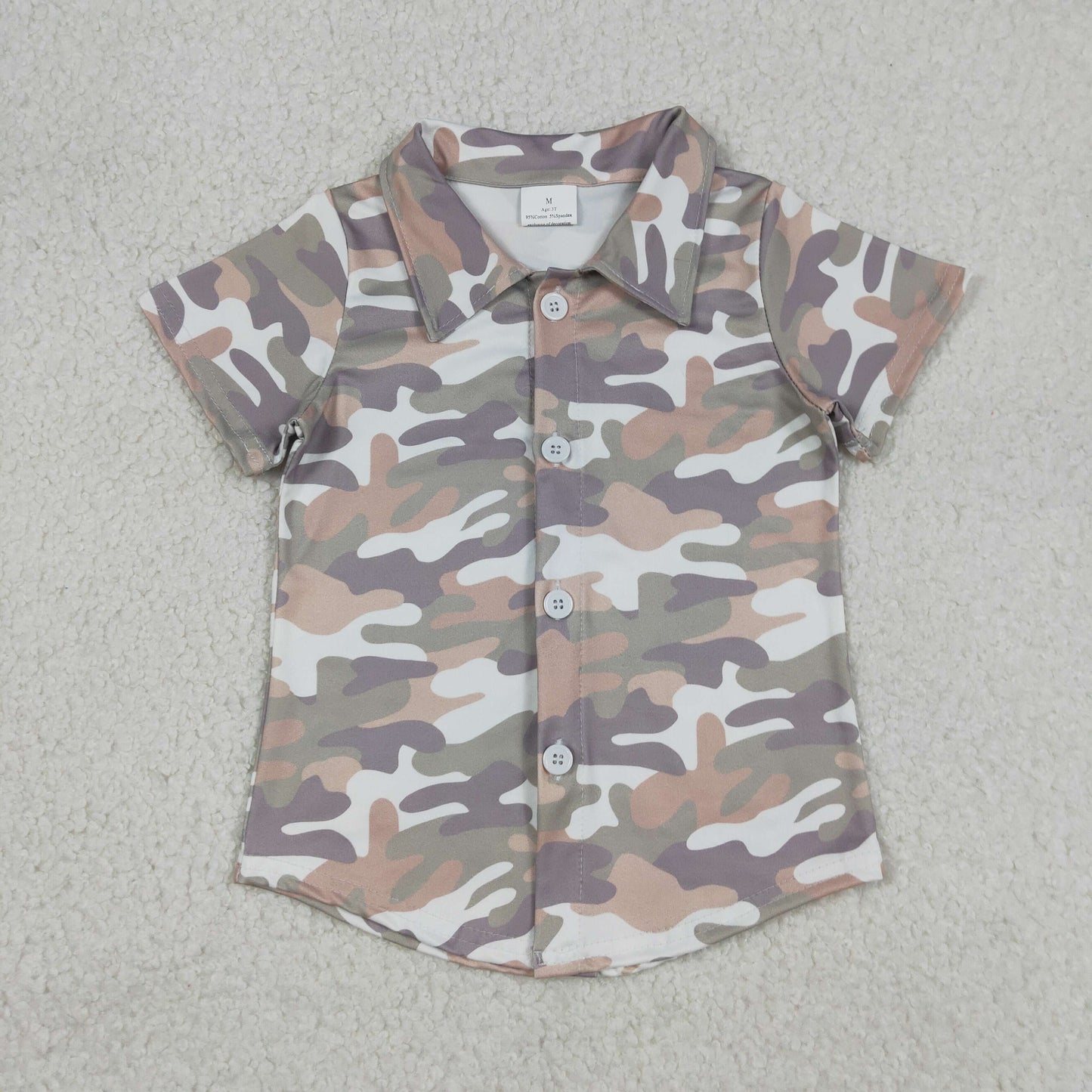 BT1565 Gray Brown Green Camouflage Buttons White Short Sleeve Boys Top 202512 RTS