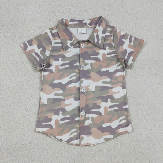 BT1565 Gray Brown Green Camouflage Buttons White Short Sleeve Boys Top 202512 RTS