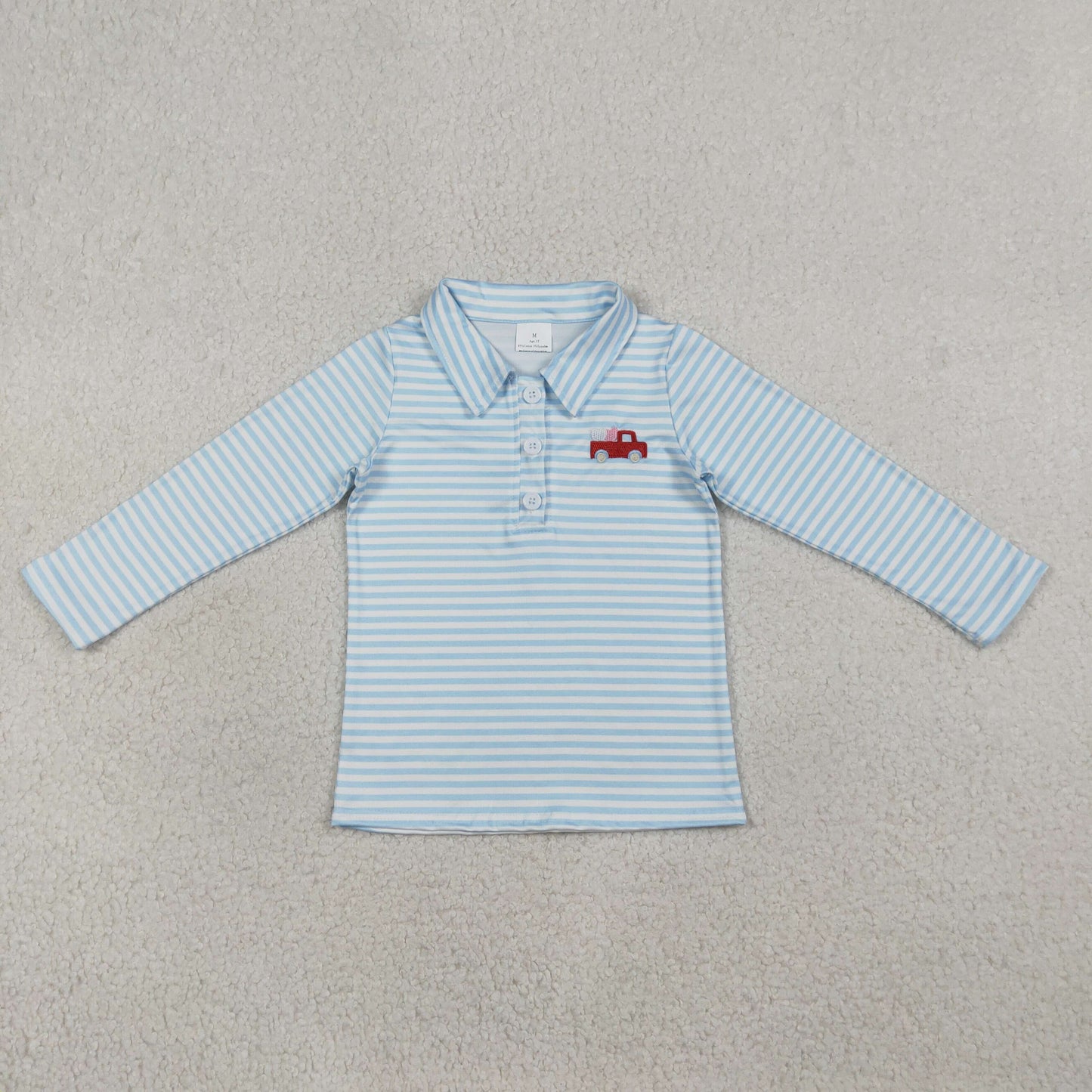 BT1573 Embroidered Valentines Day Love Truck Blue Stripe Polo Long Sleeve Boys Top 202601 RTS