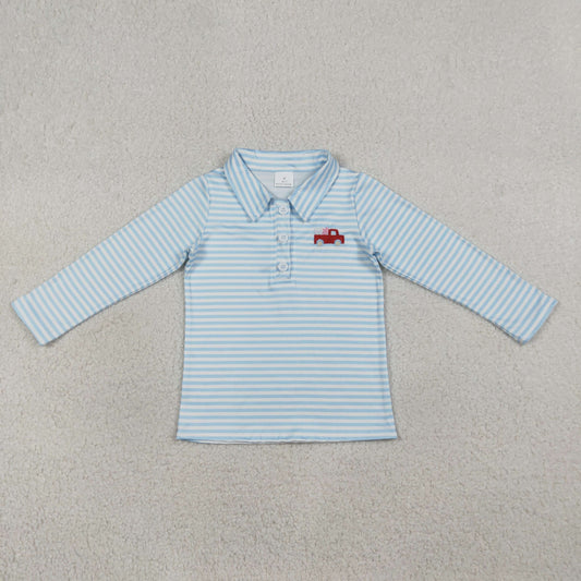 BT1573 Embroidered Valentines Day Love Truck Blue Stripe Polo Long Sleeve Boys Top 202601 RTS