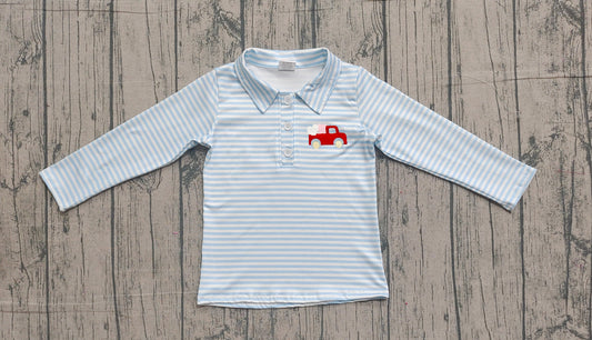 NO MOQ preorder BT1573 Valentines Day Love Truck Blue Stripe Polo Long Sleeve Boys Top 202512