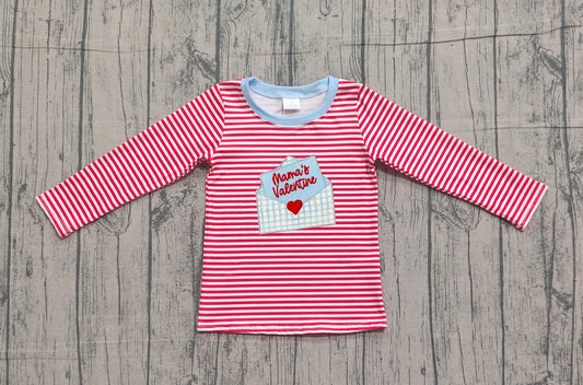 NO MOQ preorder BT1574 Valentines Day Mama's Valentine Love Letter Envelope Red Stripe Long Sleeve Boys Top 202512