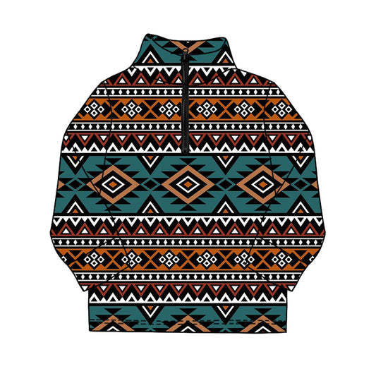 MOQ 5 PCS preorder BT1591 Geometric Dark Green Zip Collar Long Sleeve Boys Top 202511