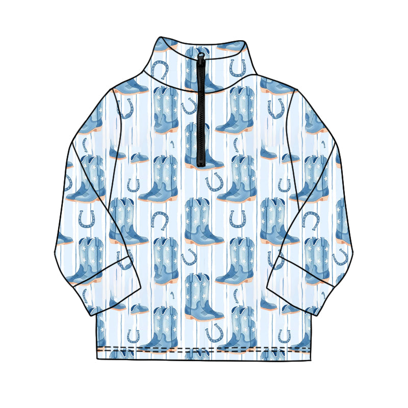 MOQ 5 PCS preorder BT1593 Cowboy Boots Blue Zip Collar Long Sleeve Boys Top 202511