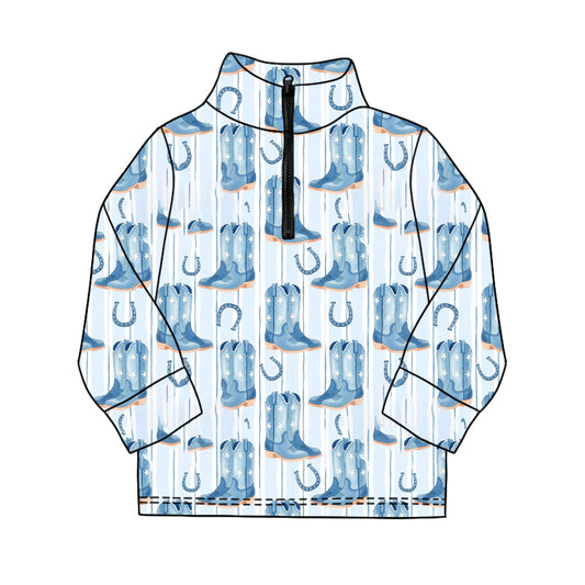 MOQ 5 PCS preorder BT1593 Cowboy Boots Blue Zip Collar Long Sleeve Boys Top 202511