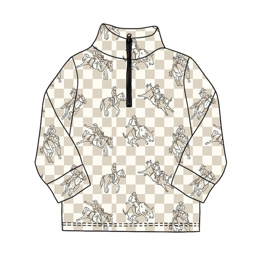 MOQ 5 PCS preorder BT1594 Cowboy Horse Khaki Plaid Zip Collar Long Sleeve Boys Top 202511