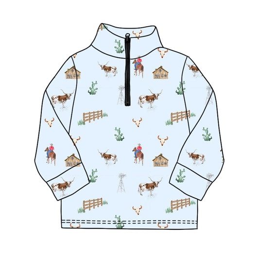 MOQ 5 PCS preorder BT1594 Cowboy Horse Highland Cow Cactus Blue Zip Collar Long Sleeve Boys Top 202511