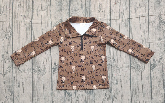 NO MOQ preorder BT1597 Highland Cow Brown Zip Collar Long Sleeve Boys Top 202512