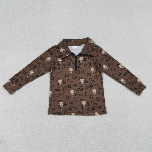 BT1597 Highland Cow Brown Zip Collar Long Sleeve Boys Top 202512 RTS